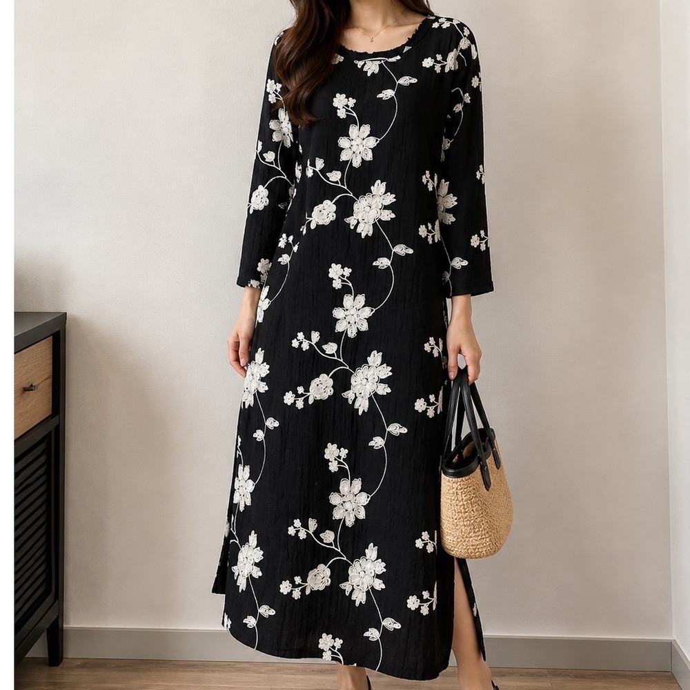 XIMO Black Floral Print Midi Dress Long Sleeve Bohemian Women's Size M x2